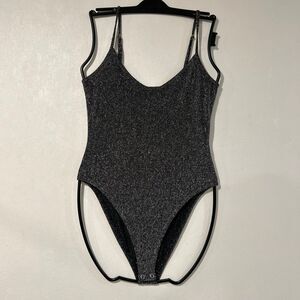 Forever 21 Black Metallic Glitter Bodysuit Spaghetti Strap Party Top Women’s Med